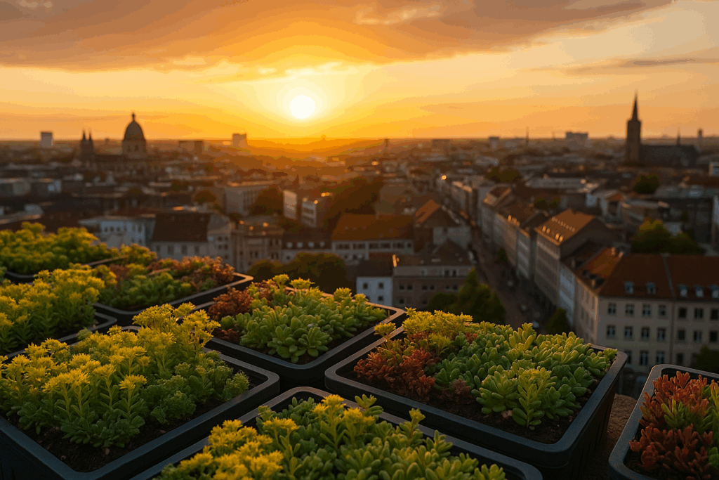 Ein begrüntes Dach im Vordergrund und eine Stadtkulisse erstrahlt in der Abendsonne