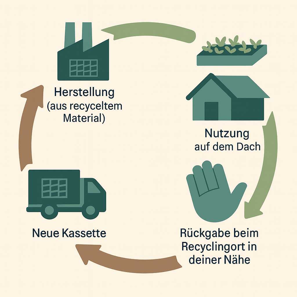 Recyclingkreislauf der Dachbegrünungsmodule von plantile. Angefangen bei der Nutzung auf dem Dach, dann der Rückgabe zum Recycling, dann der Entstehung neuer Kassetten, die begrünt werden und wieder aufs Dach kommen 